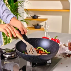 Karaca Aqua Granite Non-Stick Induction Wok Pan, 28cm, Blue