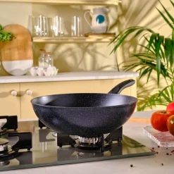 Karaca Aqua Granite Non-Stick Induction Wok Pan, 28cm, Blue