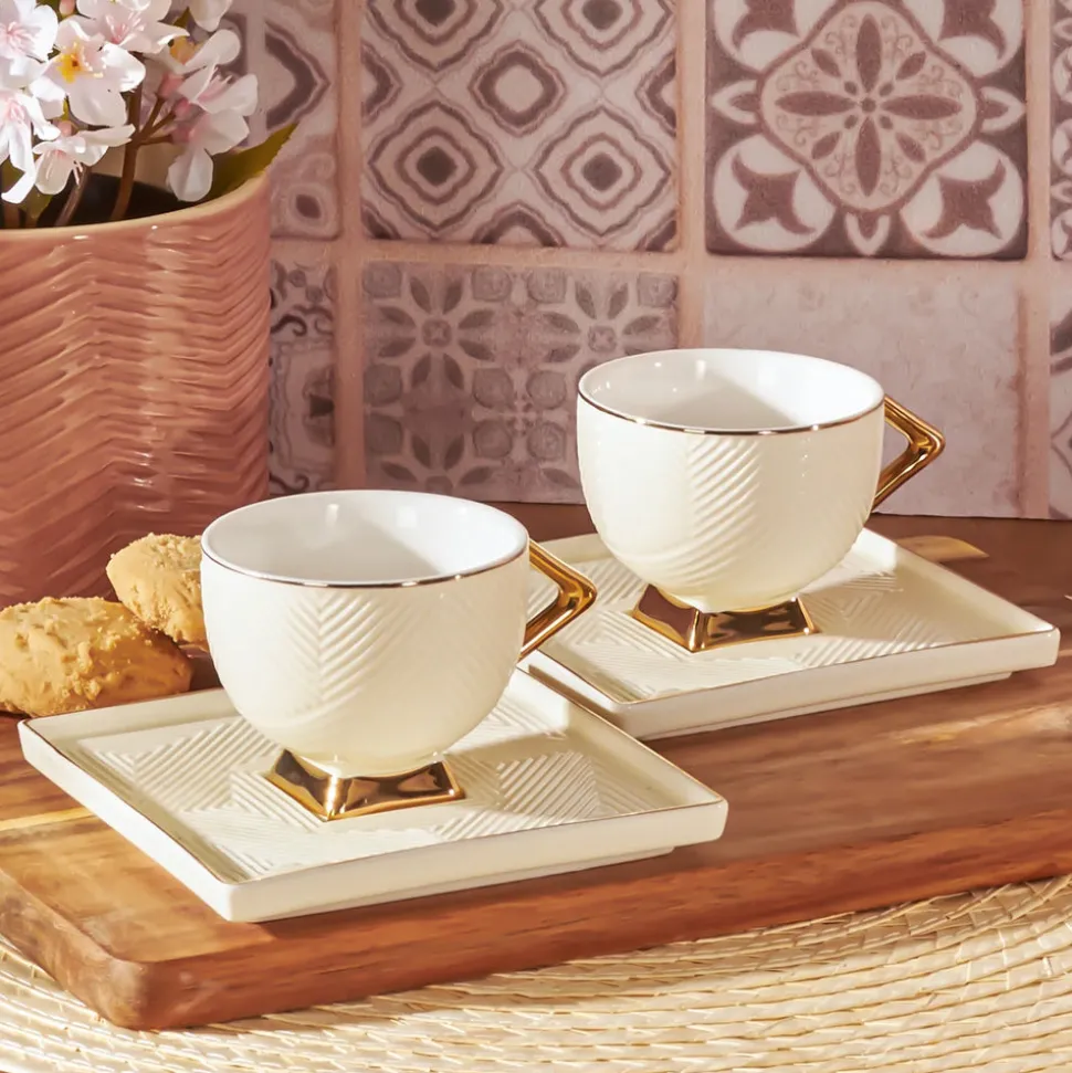 Karaca Art Deco 4 Piece Porcelain Espresso Turkish Coffee Cup Set for 2 People, 90ml, Gold White