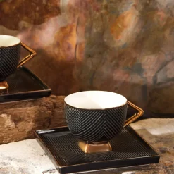 Karaca Art Deco 4 Piece Porcelain Turkish Coffee Cup Set for 2 People, 90ml, Black Gold
