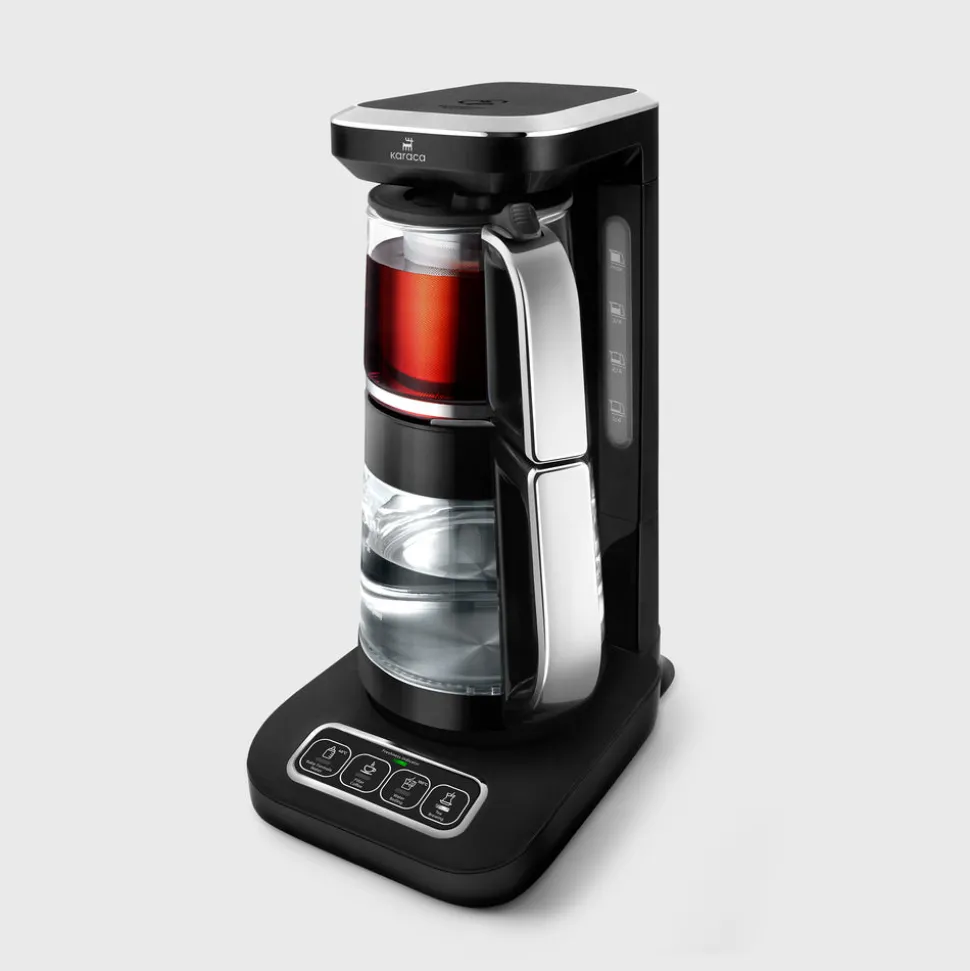 Karaca Çaysever Robotea Pro 4 in 1 Talking Automatic Glass Tea Machine, Water Heater, and Filter Coffee Brewing Machine, 2500W, Black Chrome