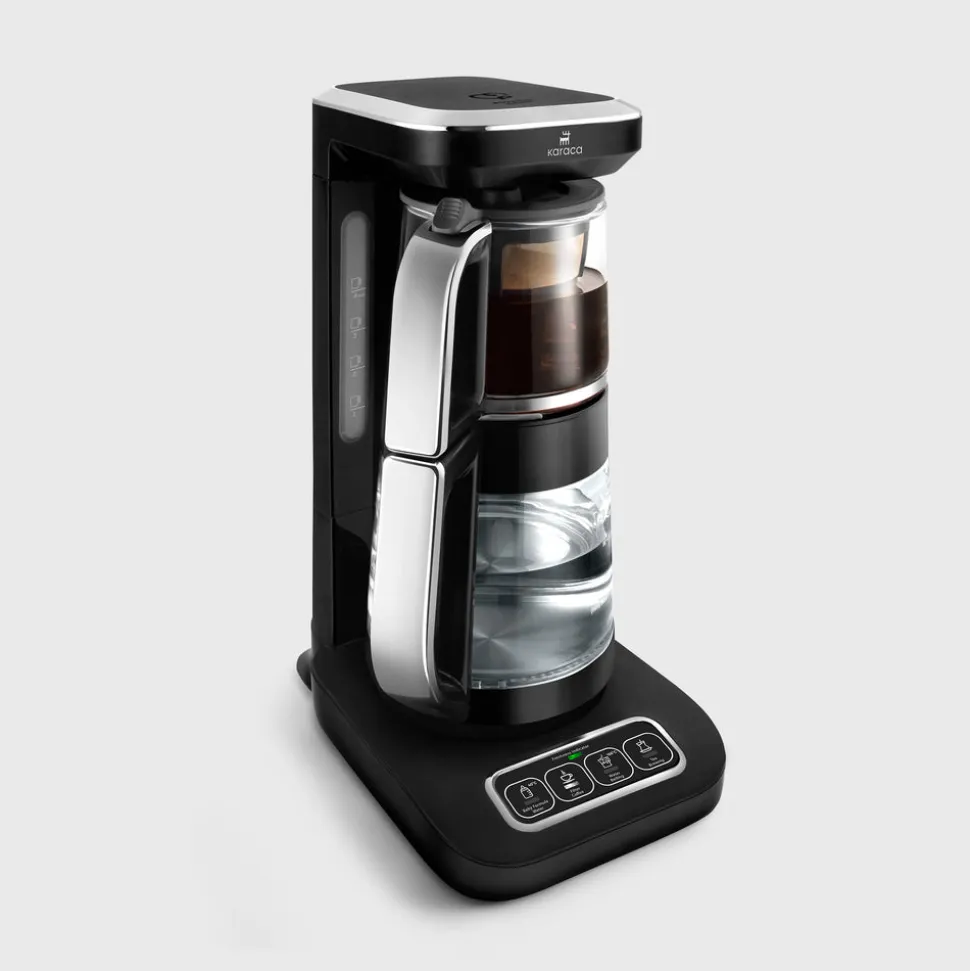Karaca Çaysever Robotea Pro 4 in 1 Talking Automatic Glass Tea Machine, Water Heater, and Filter Coffee Brewing Machine, 2500W, Black Chrome