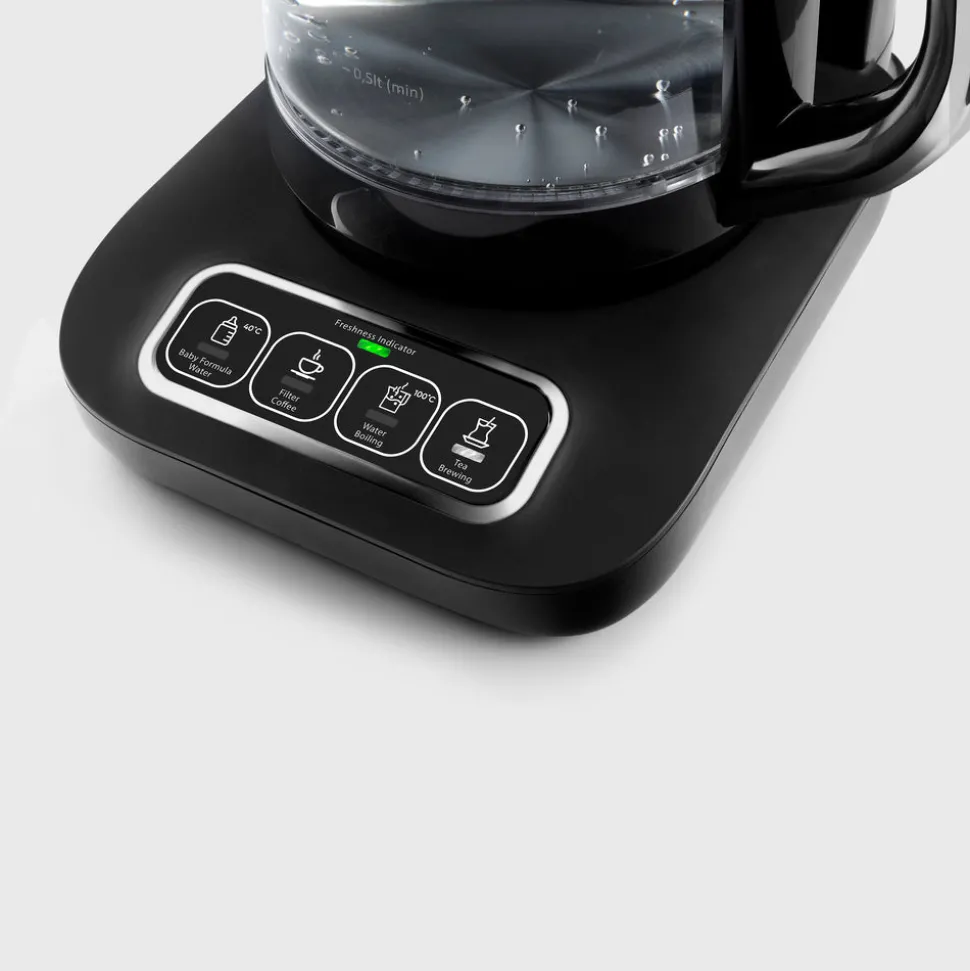 Karaca Çaysever Robotea Pro 4 in 1 Talking Automatic Glass Tea Machine, Water Heater, and Filter Coffee Brewing Machine, 2500W, Black Chrome
