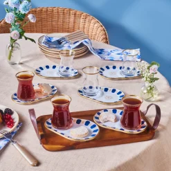 Karaca Belem 12-Piece Glass Turkish Tea Set for 6 People, 132ml, Navy