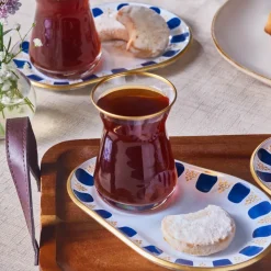 Karaca Belem 12-Piece Glass Turkish Tea Set for 6 People, 132ml, Navy