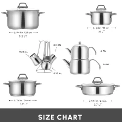 Karaca Belgrad 15-Piece Complete Stainless Steel Kitchen Cookware Set