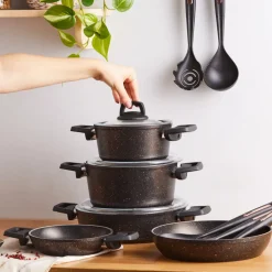 Karaca Blackgold Biogranite 13-Piece Induction Cookware Set with Kitchen Utensil Set, Black Gold