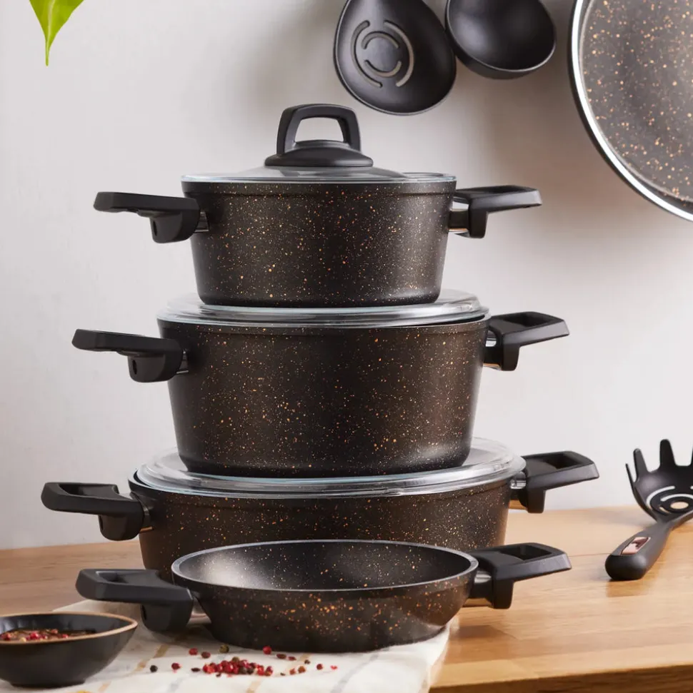 Karaca Blackgold Biogranite 13-Piece Induction Cookware Set with Kitchen Utensil Set, Black Gold