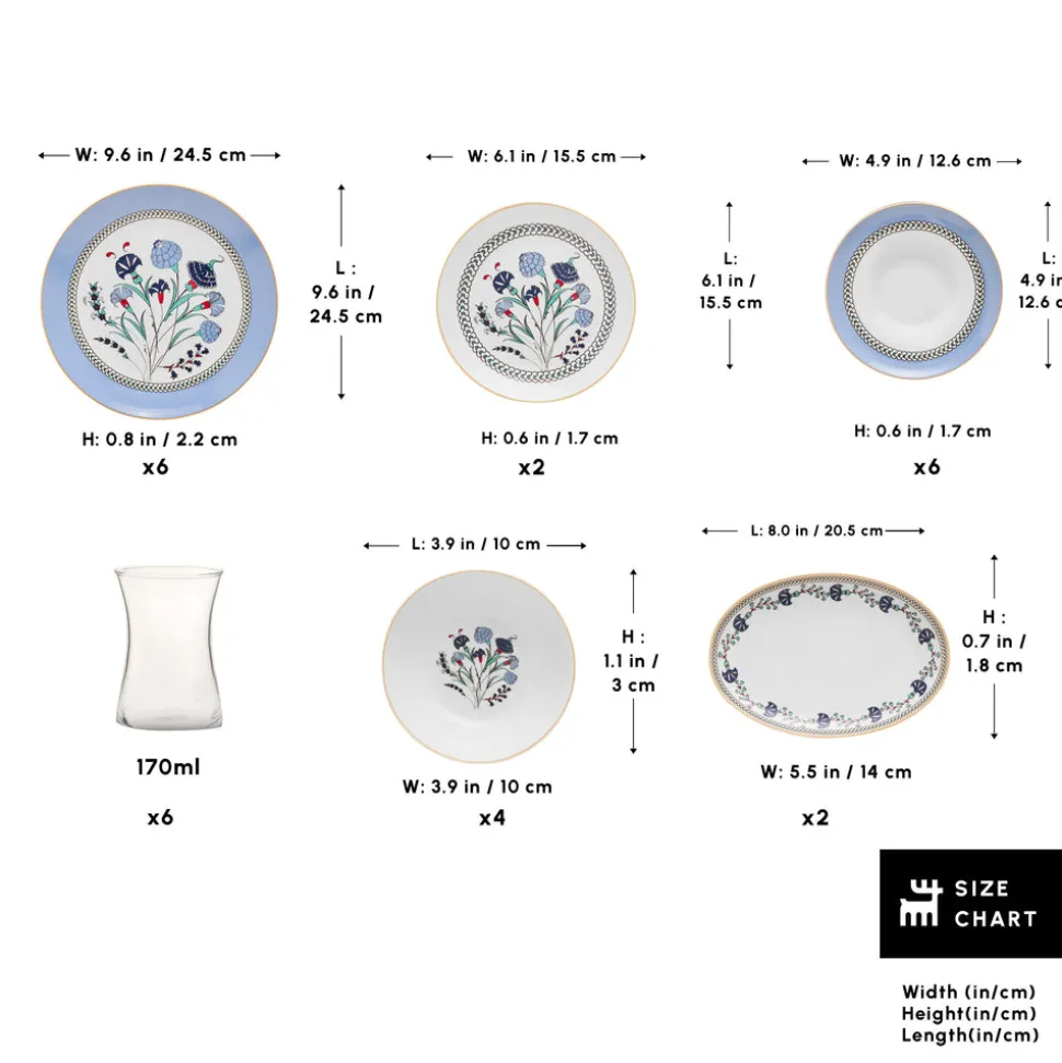 Karaca Bone China Blue Clove 26-Piece Serveware Set for 6 People, Multi