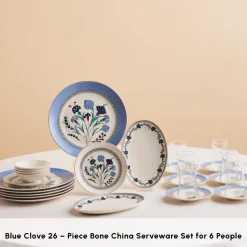 Karaca Bone China Blue Clove 26-Piece Serveware Set for 6 People, Multi