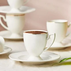 Karaca Boyoz 12-Piece Porcelain Espresso Turkish Coffee Cup Set for 6 People, 85ml, White Gold