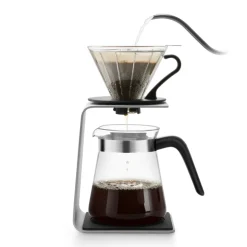 Karaca Brewy Glass Pour Over Coffee Maker Set with Stand, 600ml, Silver Transparent Black
