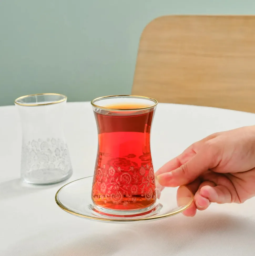 Karaca Brugge 12-Piece Glass Turkish Tea Set for 6 People, Gold