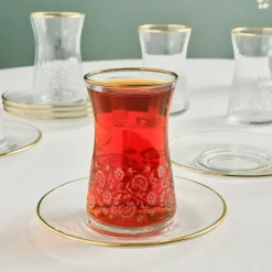 Karaca Brugge 12-Piece Glass Turkish Tea Set for 6 People, Gold