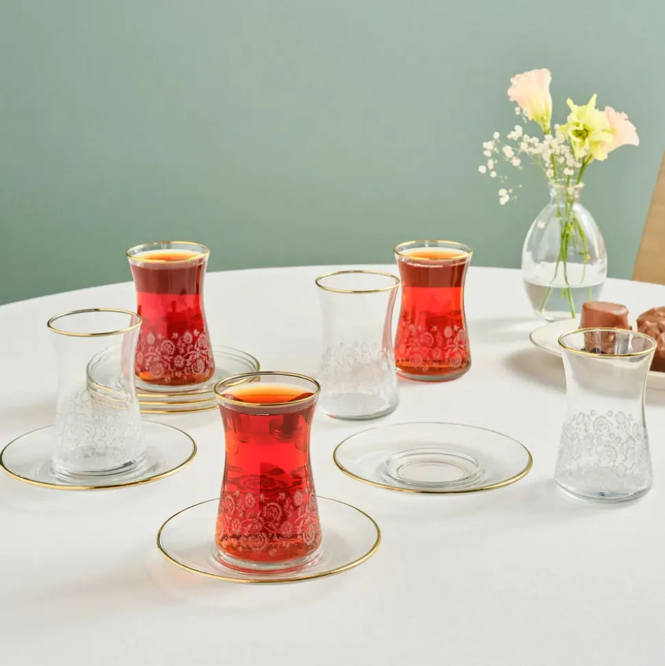 Karaca Brugge 12-Piece Glass Turkish Tea Set for 6 People, Gold