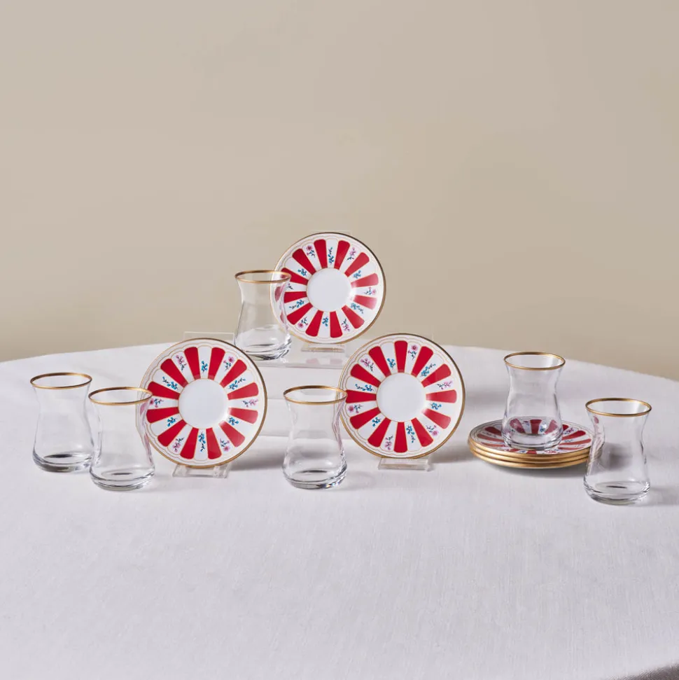 Karaca Bursa 12-Piece Glass Turkish Tea Set for 6 People, 132ml, Red