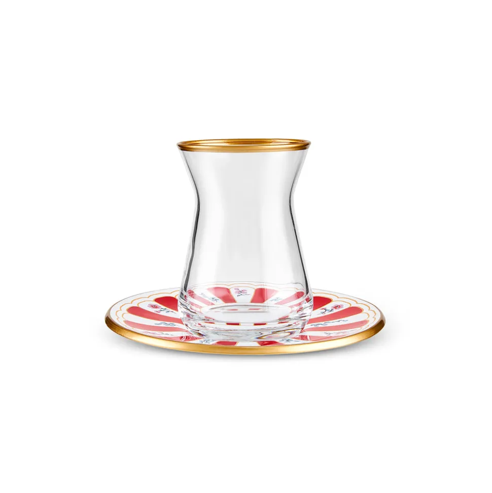 Karaca Bursa 12-Piece Glass Turkish Tea Set for 6 People, 132ml, Red