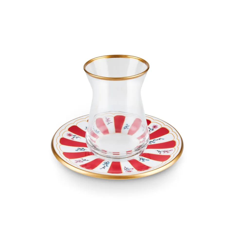 Karaca Bursa 12-Piece Glass Turkish Tea Set for 6 People, 132ml, Red