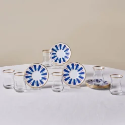 Karaca Bursa 12-Piece Glass Turkish Tea Set for 6 People, 132ml, Navy