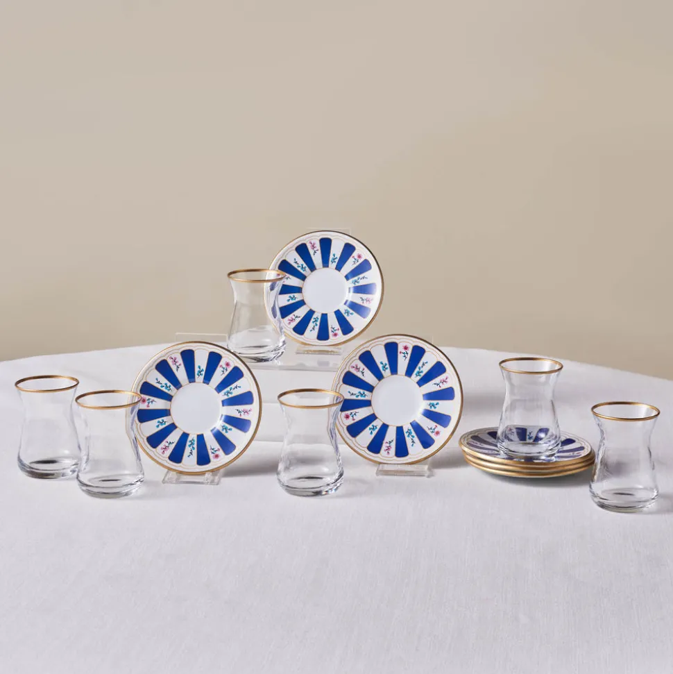 Karaca Bursa 12-Piece Glass Turkish Tea Set for 6 People, 132ml, Navy