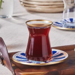 Karaca Bursa 12-Piece Glass Turkish Tea Set for 6 People, 132ml, Navy