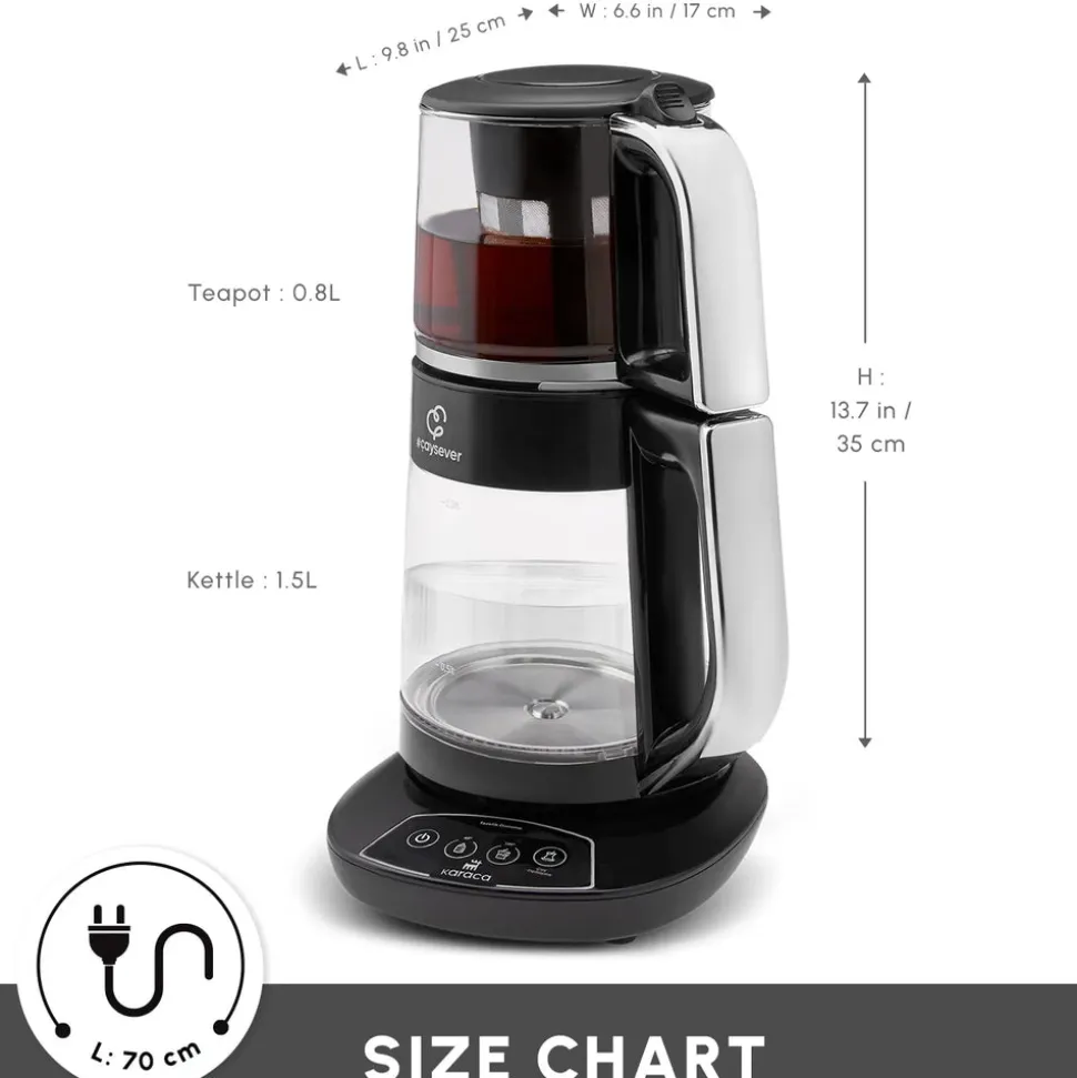 Karaca Caysever 3 in 1 Talking Automatic Tea Maker Kettle and Baby Food Water Preparation, 1700W, Chrome