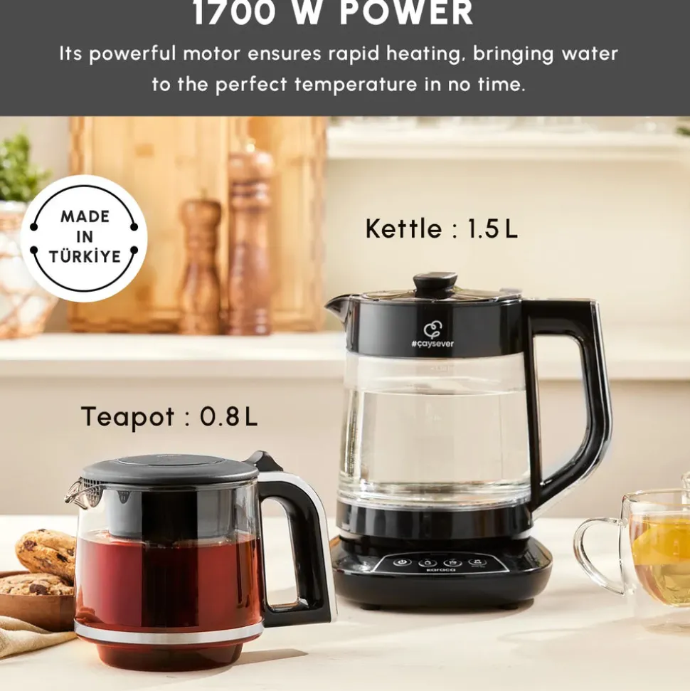 Karaca Caysever 3 in 1 Talking Automatic Tea Maker Kettle and Baby Food Water Preparation, 1700W, Chrome