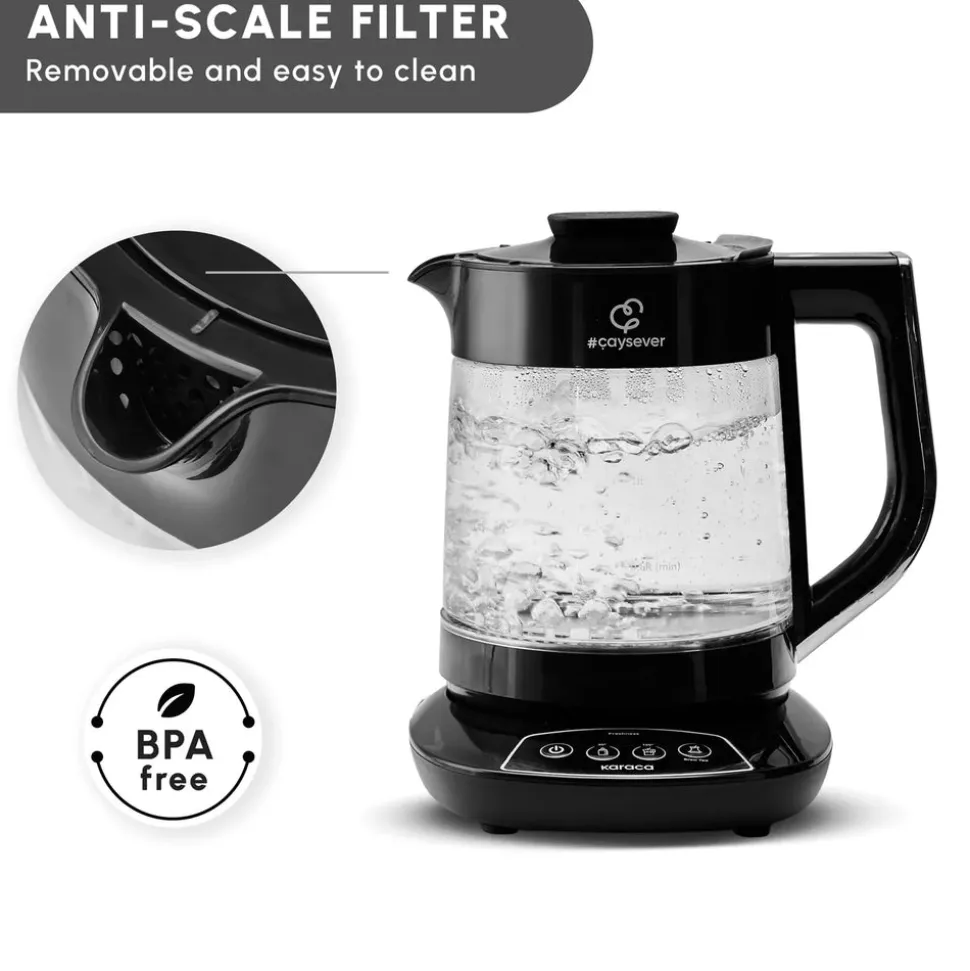 Karaca Caysever 3 in 1 Talking Automatic Tea Maker Kettle and Baby Food Water Preparation, 1700W, Chrome