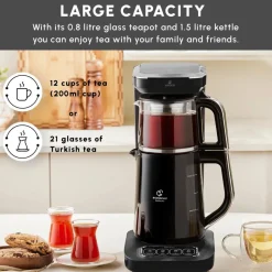 Karaca Caysever Robotea Pro 4 in 1 Talking Automatic Tea Maker Kettle and Filter Coffee Maker, 2500W, Black Chrome