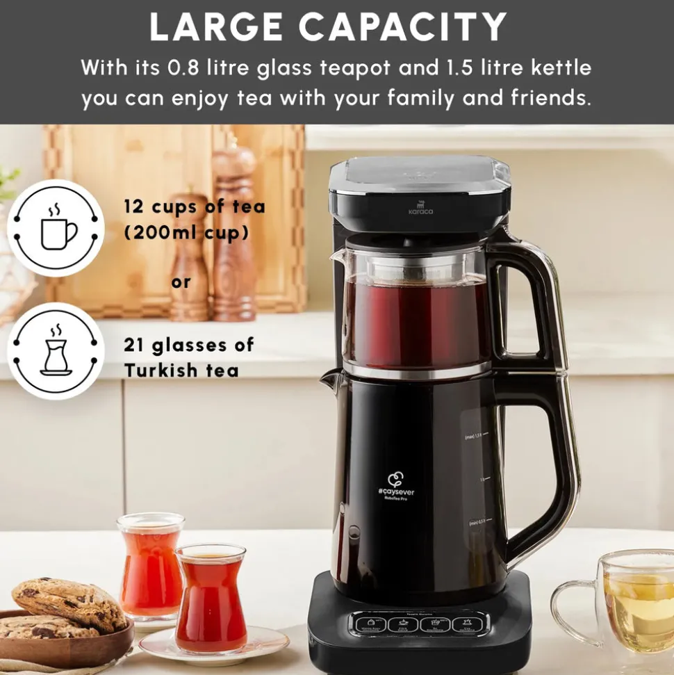 Karaca Caysever Robotea Pro 4 in 1 Talking Automatic Tea Maker Kettle and Filter Coffee Maker, 2500W, Black Chrome