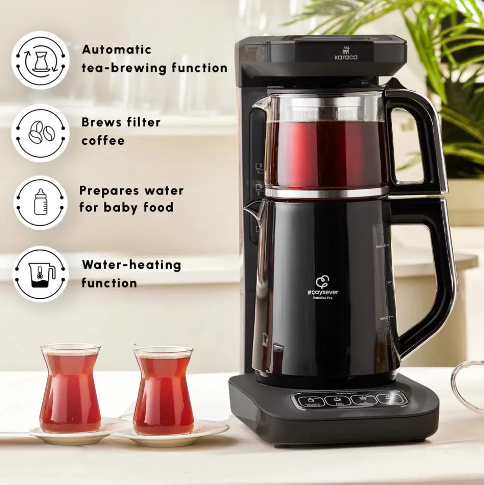 Karaca Caysever Robotea Pro 4 in 1 Talking Automatic Tea Maker Kettle and Filter Coffee Maker, 2500W, Black Chrome