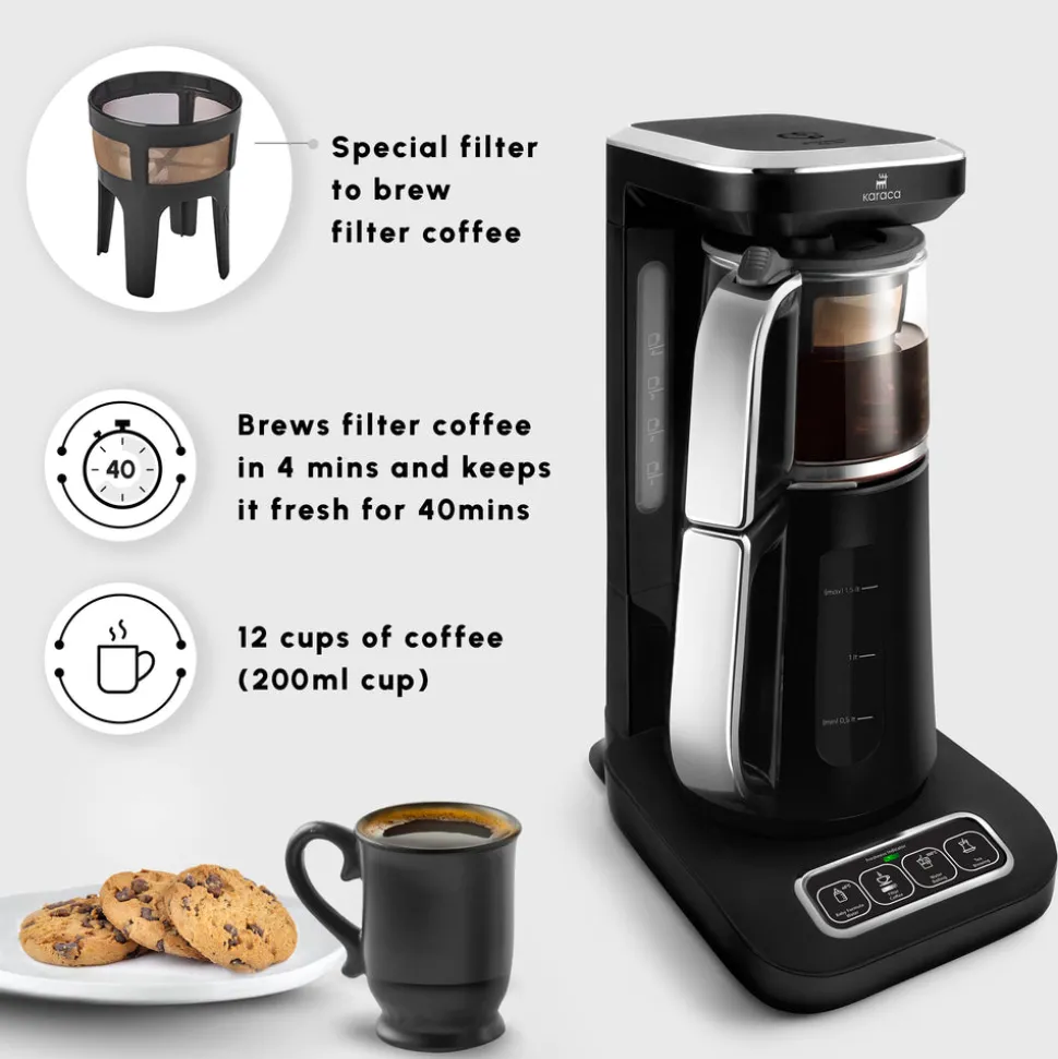 Karaca Caysever Robotea Pro 4 in 1 Talking Automatic Tea Maker Kettle and Filter Coffee Maker, 2500W, Black Chrome