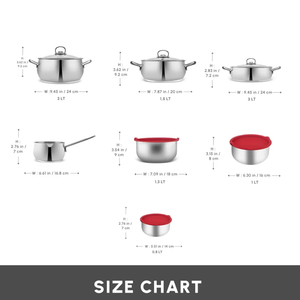 Karaca Cook & Store 13-Piece Stainless Steel Induction Cookware Set, Silver