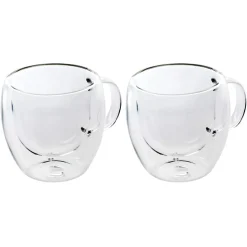 Karaca Double Wall Borosilicate Glass Cup Set with Handle for 2 People, 150ml, Transparent