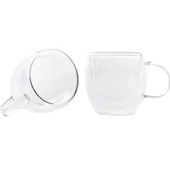 Karaca Double Wall Borosilicate Glass Cup Set with Handle for 2 People, 150ml, Transparent
