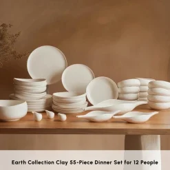 Karaca Earth Collection Clay 55-Piece Porcelain Dinner Set for 12 People, White