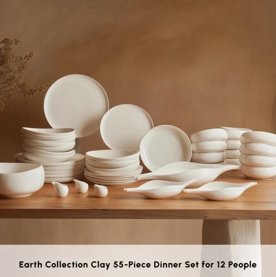 Karaca Earth Collection Clay 55-Piece Porcelain Dinner Set for 12 People, White