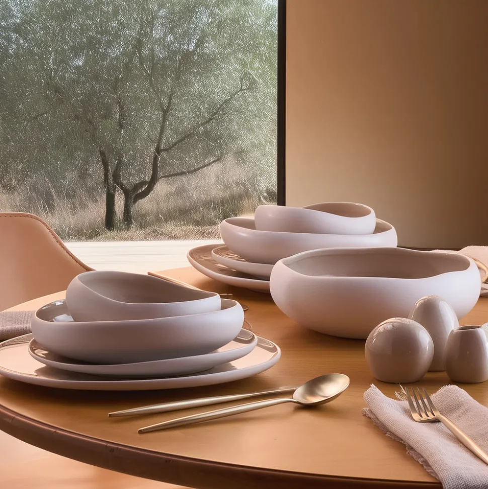 Karaca Earth Collection New Cupid 55-Piece Stoneware Dinner Set for 12 People, Cream