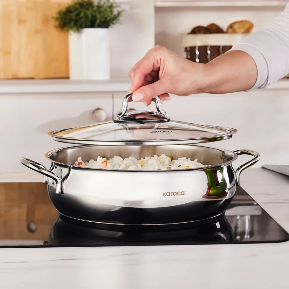 Karaca Emirgan Stainless Steel Shallow Casserole with Lid, 26cm, Silver