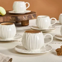 Karaca Eylul 12-Piece Bone China Espresso Turkish Coffee Cup Set for 6 People, 85ml, White