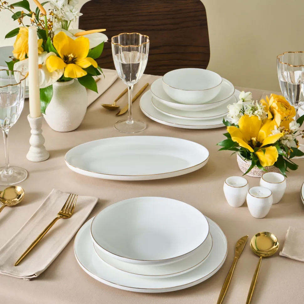 Karaca Fine Bone New Meridian 55-Piece Dinner Set for 12 People, Gold