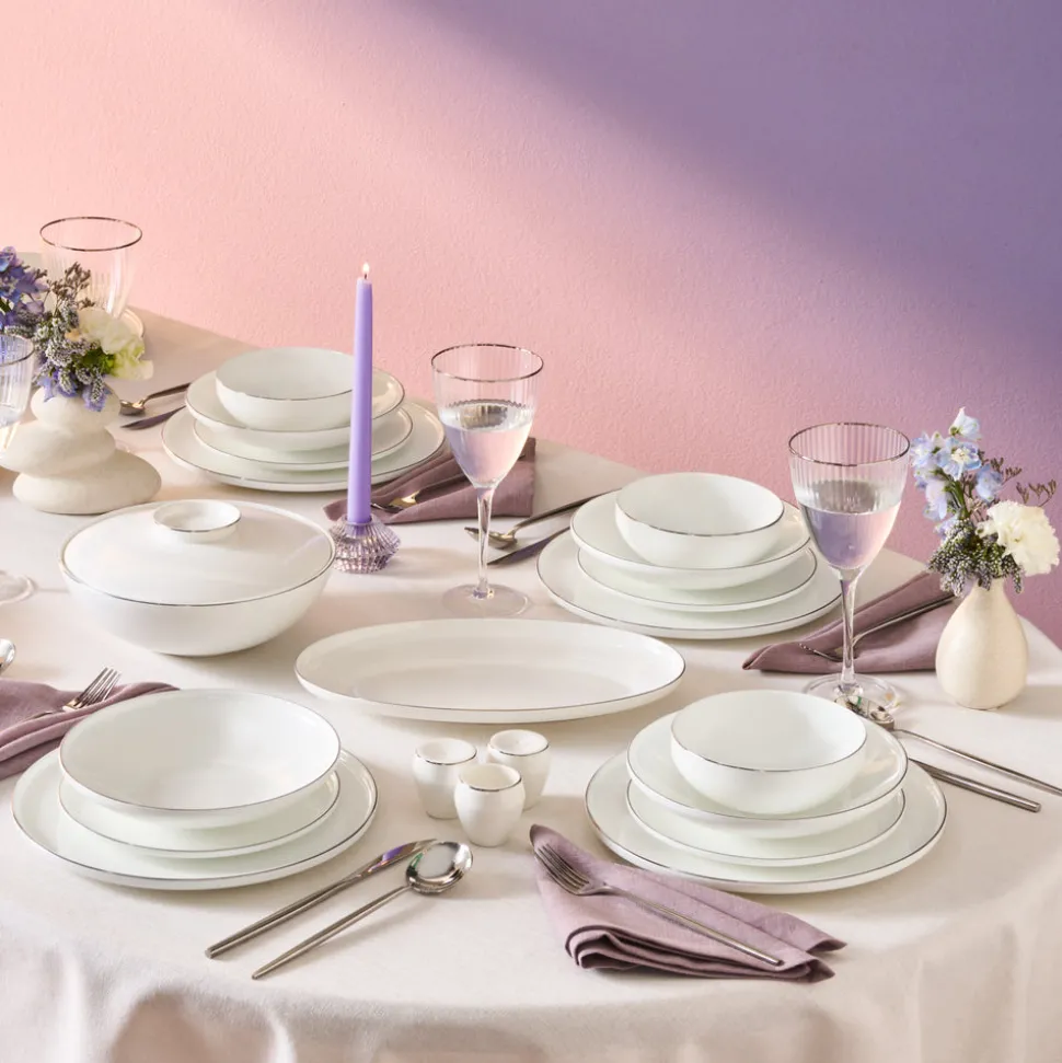 Karaca Fine Bone New Meridian 55-Piece Dinner Set for 12 People, Platin