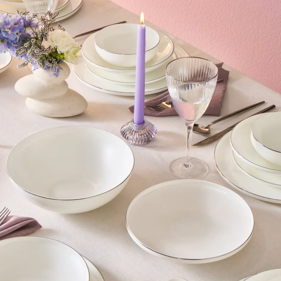 Karaca Fine Bone New Meridian 55-Piece Dinner Set for 12 People, Platin