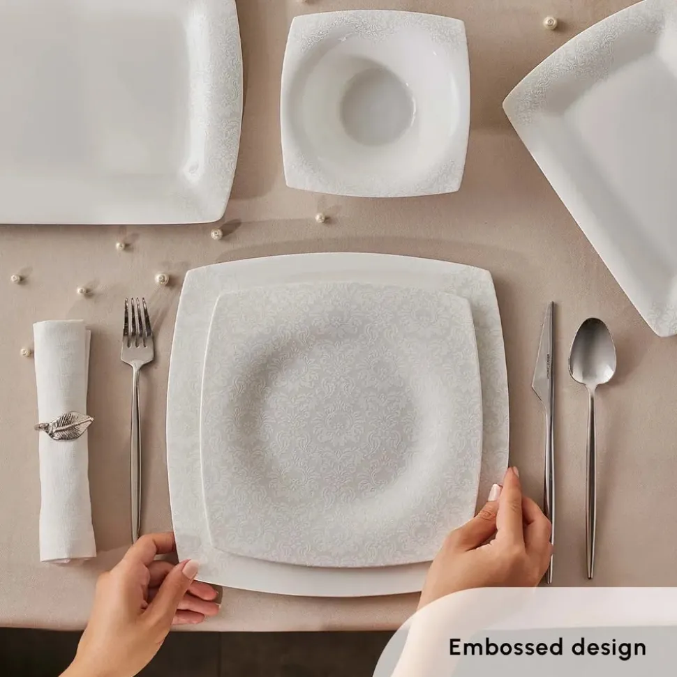 Karaca Fine Pearl Helen 62-Piece Dinner Set for 12 People, White
