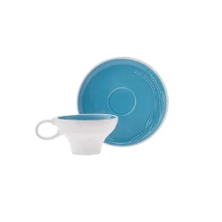 Karaca Fit Collection 4 Piece Stoneware Tea Cup and Saucer Set for 2 People, 10cmx5.5cm, Blue White