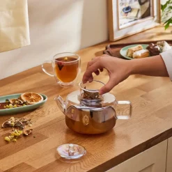 Karaca Flat Borosilicate Glass Luster Teapot, Multi