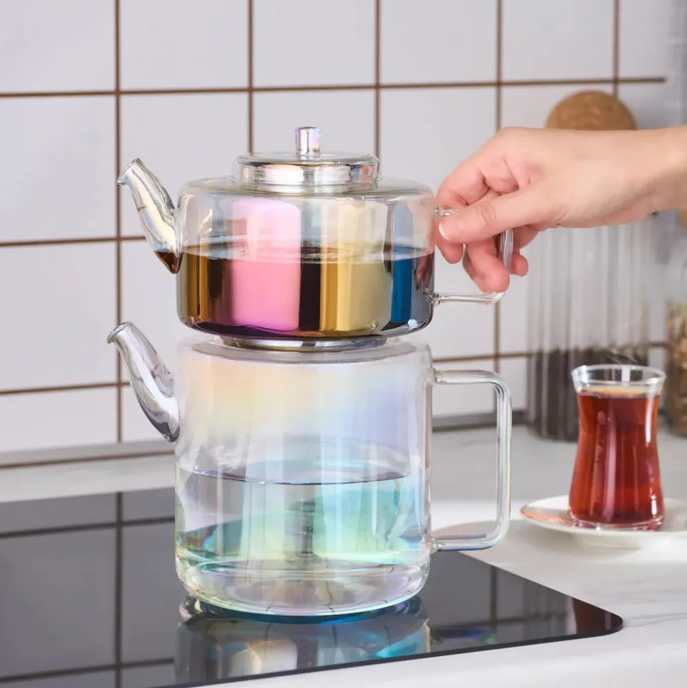 Karaca Flat Borosilicate Glass Luster Teapot, Multi