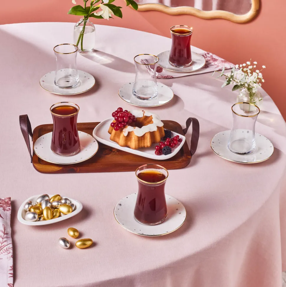 Karaca Fleur 12-Piece Glass Turkish Tea Set for 6 People, 170ml, Gold