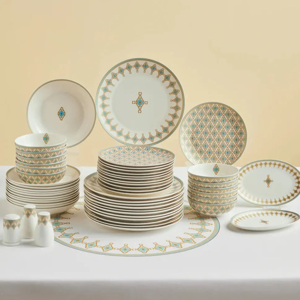Karaca Forever Bone China Dorothy, 53-Piece Dinner Set for 12 People, Gold
