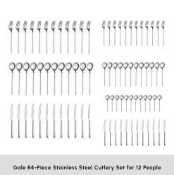 Karaca Gale 84-Piece Stainless Steel Cutlery Set for 12 People, Platin